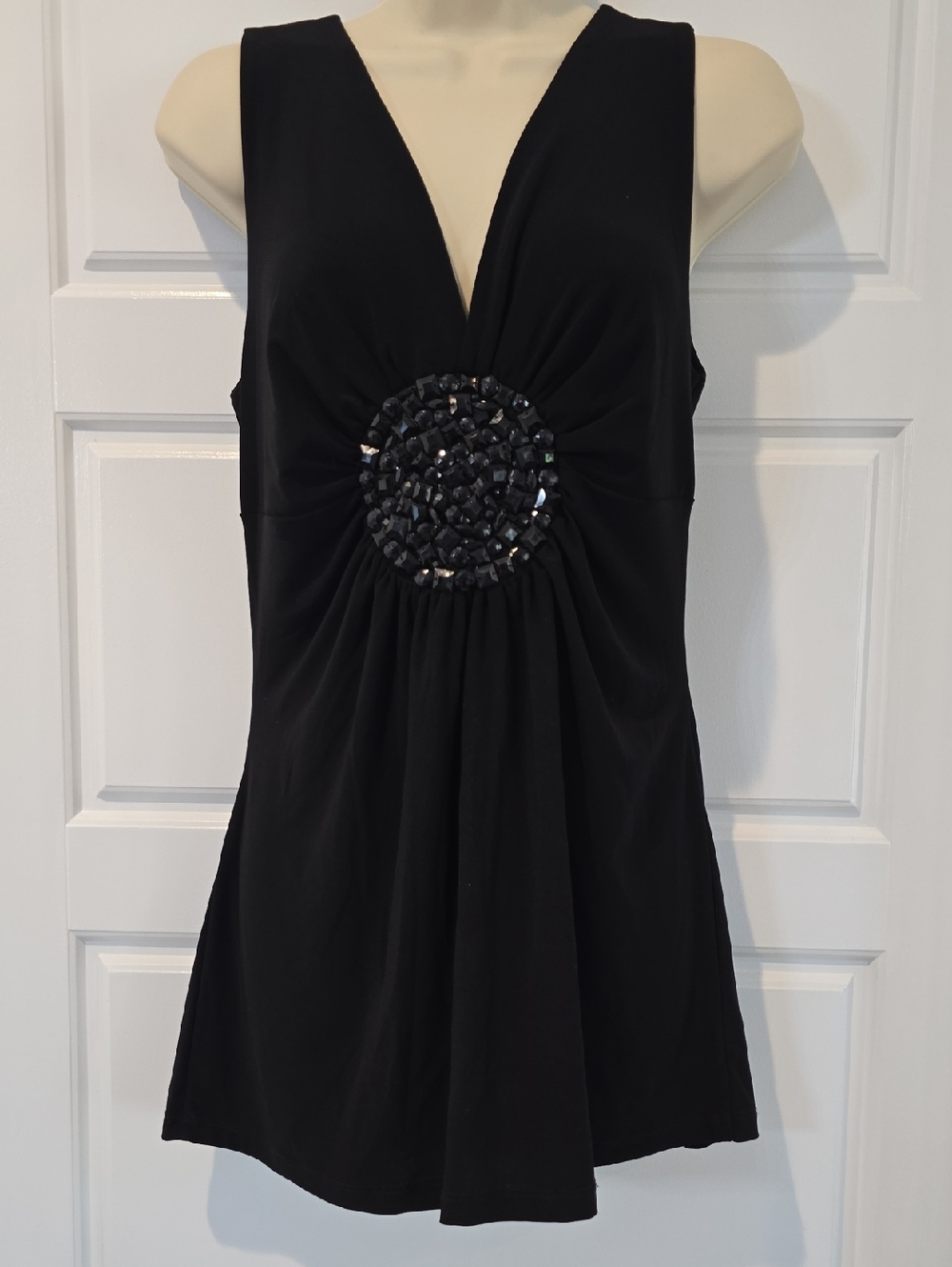 Studio Y Black Sleeveless V-Neck Top with Beaded Medallion